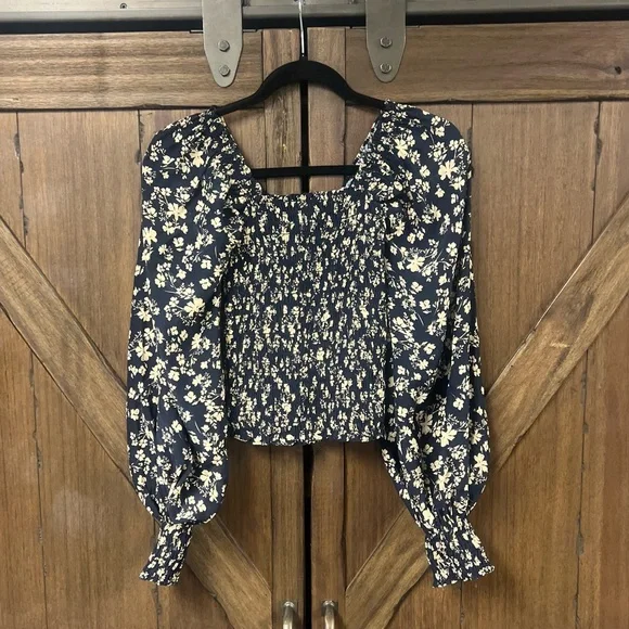 La Ligne Eloise Square Neck Balloon Sleeve Floral Print Silk Top Navy/Tan Size S